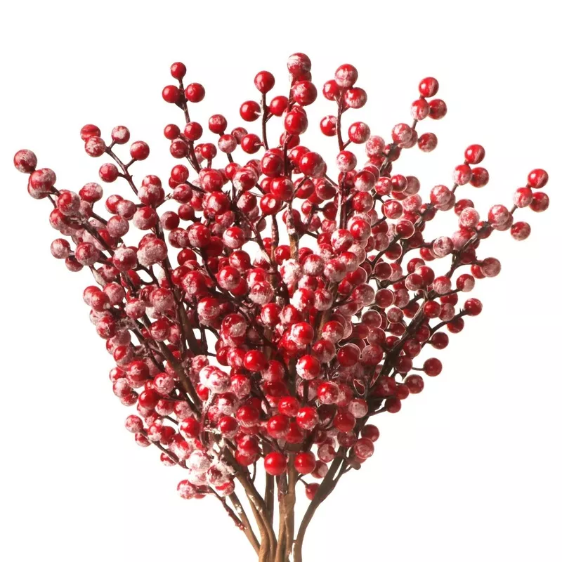 10-Pack 14-Inch Snowy Red Berry Stems, 50 Berries per Stem for Christmas Wreaths and Holiday Crafts