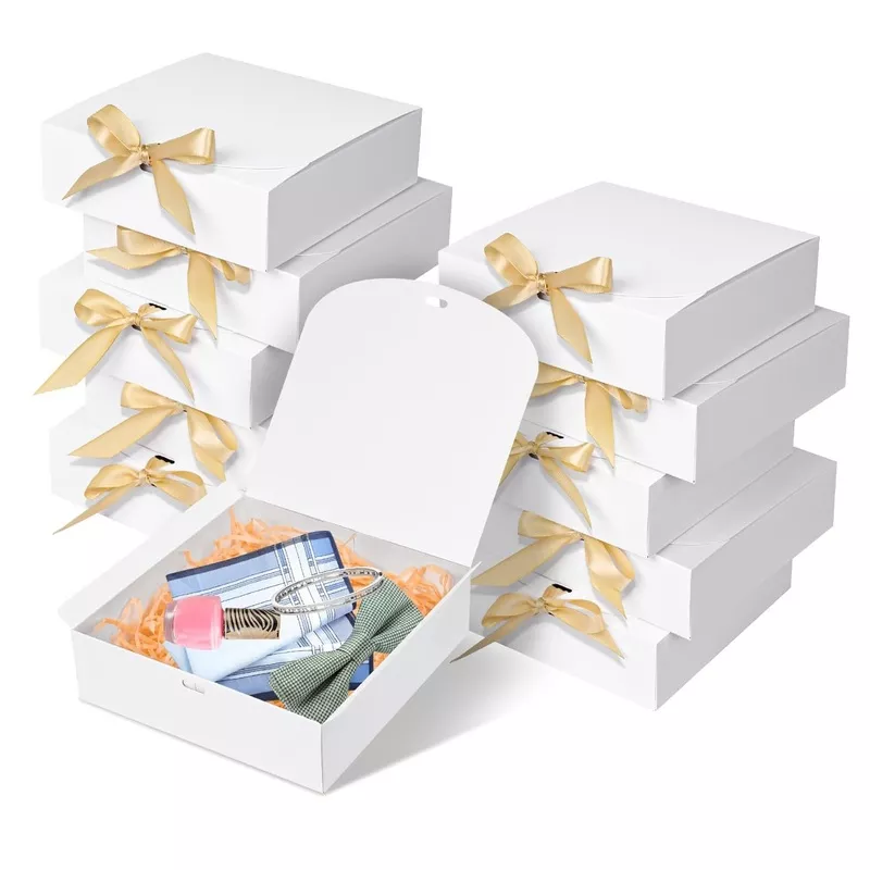 10-Pack 6.5 x 6.5 x 2 in White Paper Gift Boxes with Lids and Ribbon for Small Presents