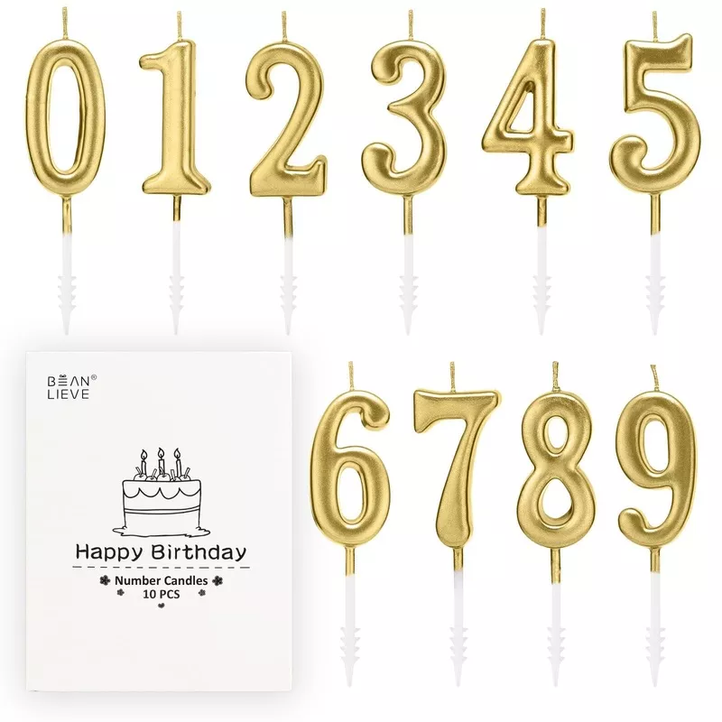10-Piece Champagne Gold Numeral Birthday Candles, Wax Numbers 0-9 for Cake Decoration