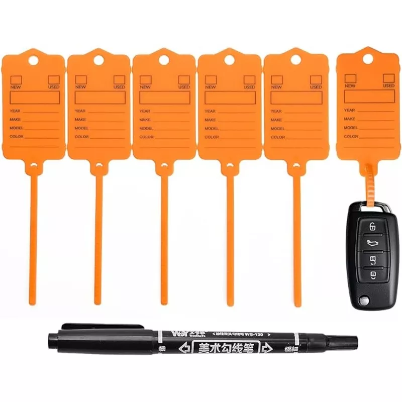 100 Car Key Tags with Labels Plastic Car Dealership Key Tags Self Locking Automotive Identifiers Blank Shop Labels with One Pen (Orange)