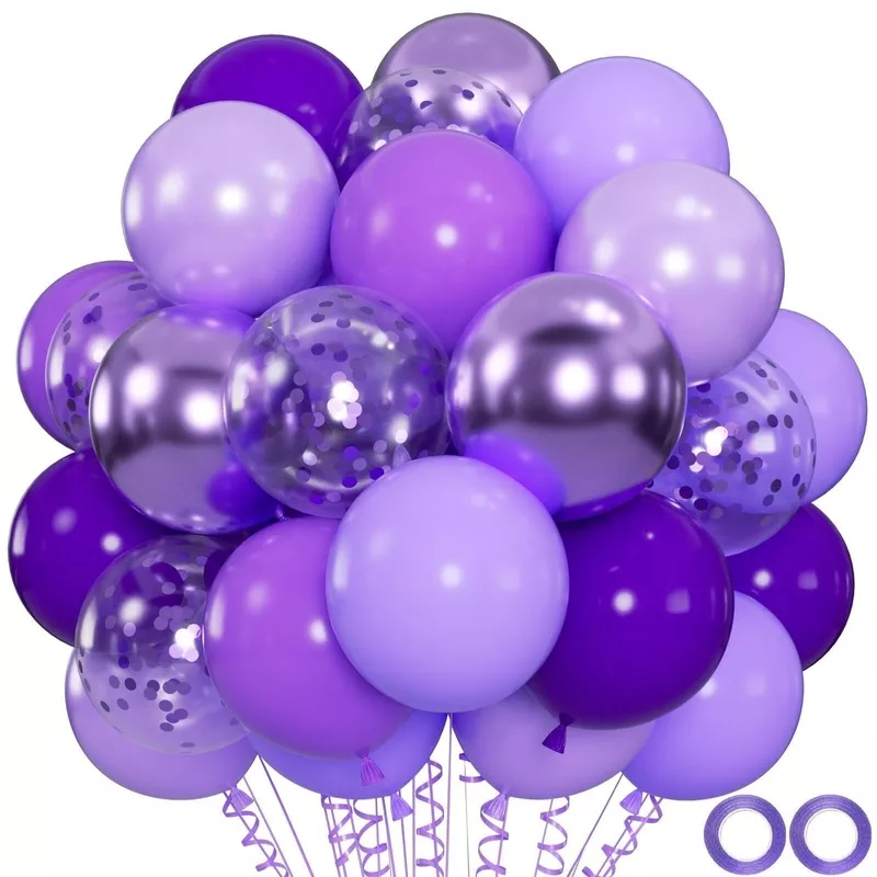 100pcs 12 Inch Purple Balloons with Confetti and Ribbons for Wedding, Baby Shower, Birthday Parties