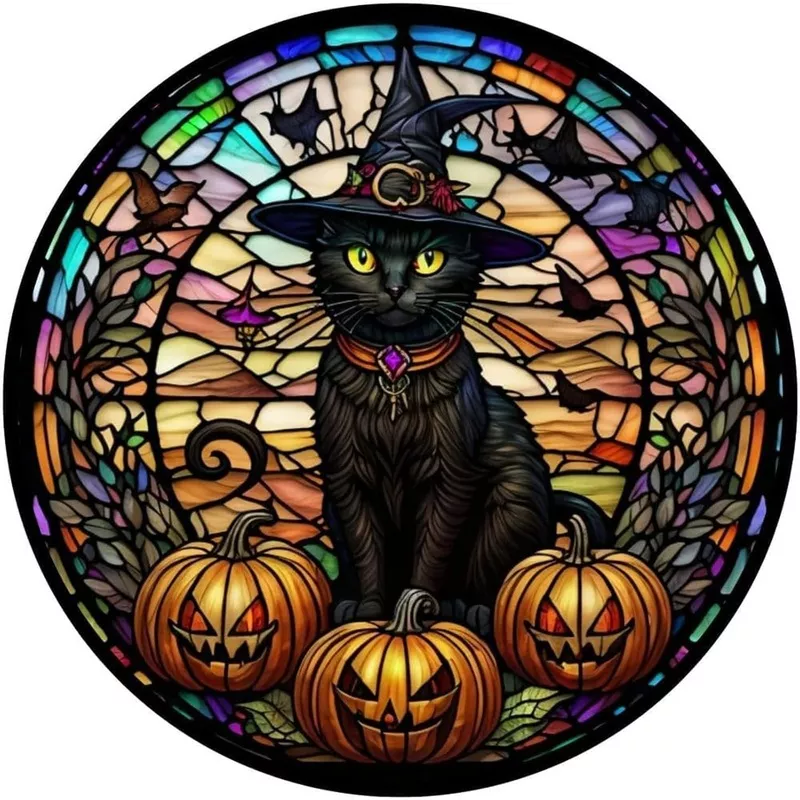11.8 x 11.8 in 5D Diamond Painting Kit, Stained Glass Black Cat Halloween Round Full Drill Art Set