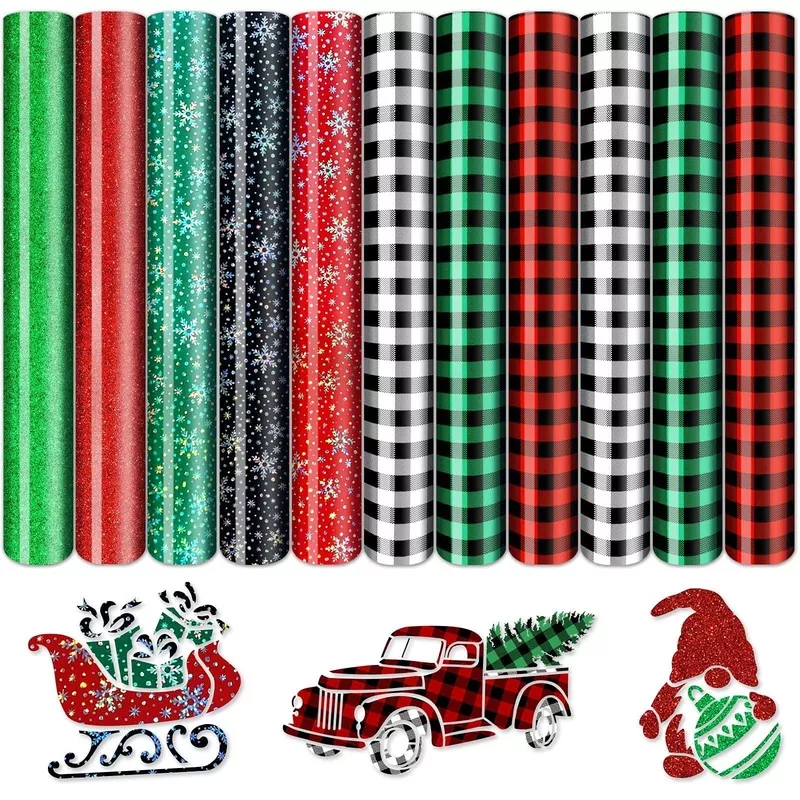 11-Sheet Christmas Buffalo Plaid Heat Transfer Vinyl, 1210 Inch, 8 Colors with Holographic Snowflake