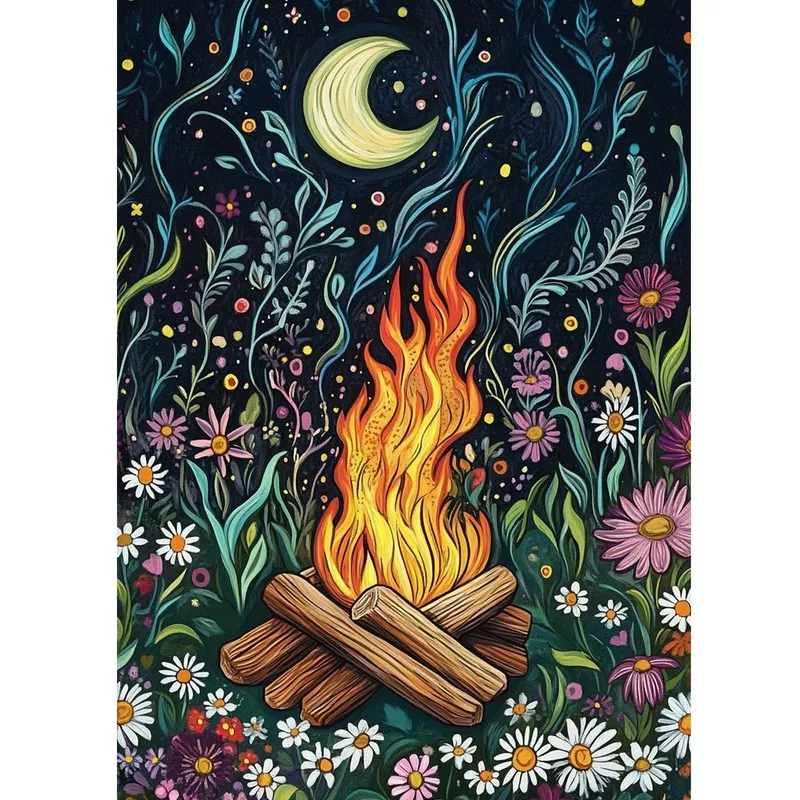 12×16 Inch 5D Round Full Drill Diamond Painting Kit, Abstract Fire Flowers DIY Diamond Art with Canvas, Round Diamonds, Pens, Tray, Glue Block, Correction Pen, and Bags