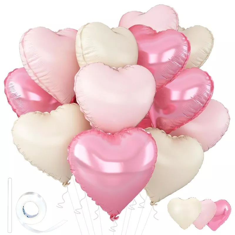 12-Pack 18-Inch Heart Foil Balloons in Bright Pink, Pastel Pink and Pastel White with Ribbon and Straw