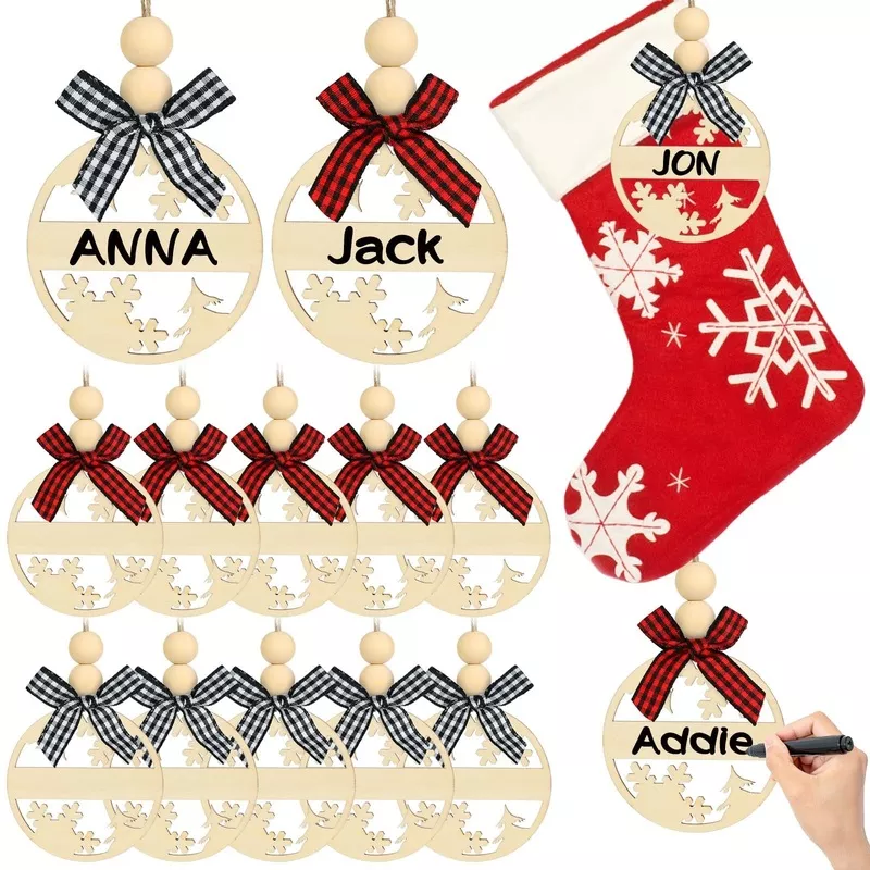 12 Pcs Christmas Stocking Name Tags Hollow Out Wooden Name Tags for Christmas Tree & Stockings DIY Wood Tags for Stockings with Plaid Bows and Beads Rustic Christmas Tree Ornaments Decor