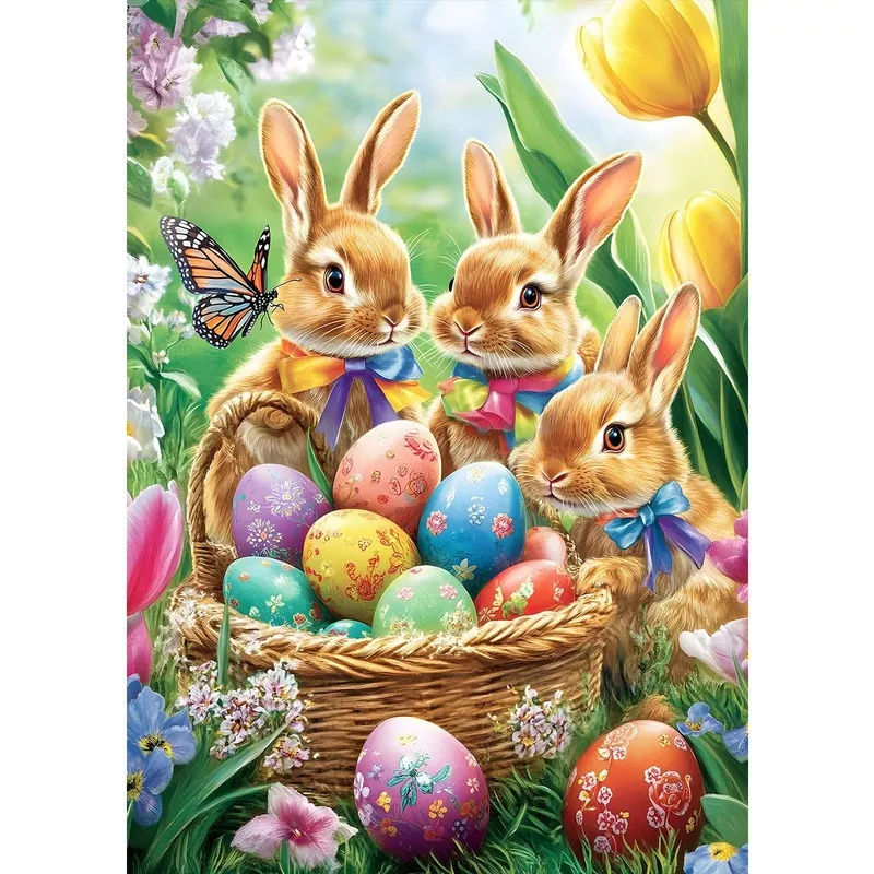 12 x 16 Inch Easter Bunny Diamond Painting Kit, 5D Full Drill DIY Gem Art with Canvas, Round Diamonds, Tray, Wax, 2 Pens, Correction Pen, and 5 Ziplock Bags
