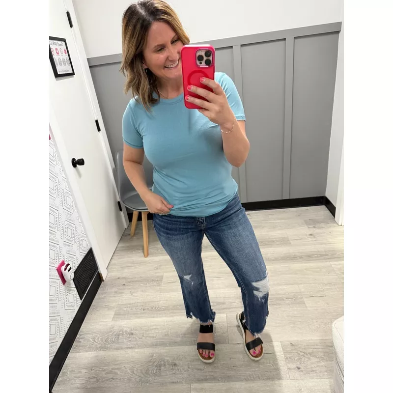 Zara Ribbed Tee in Dusty Teal