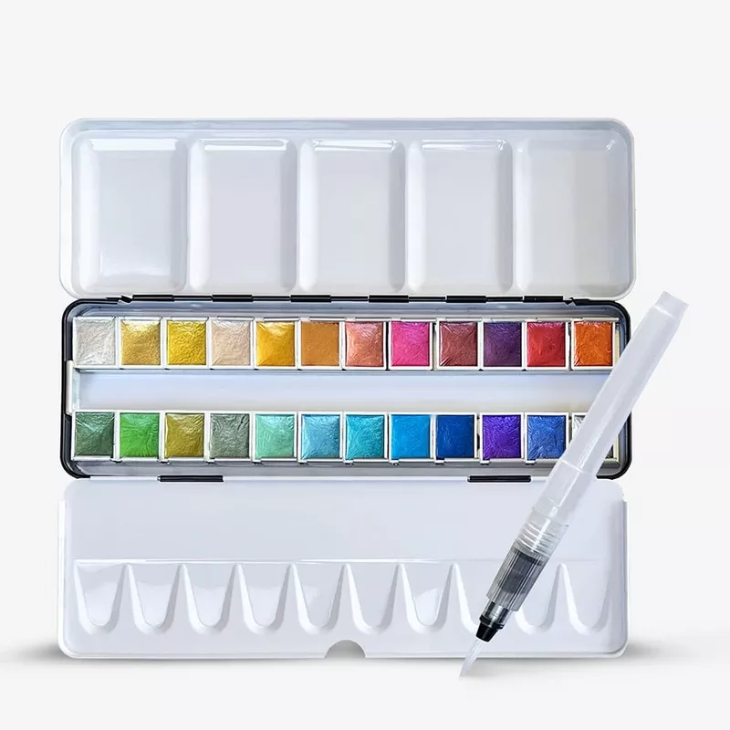 Zieler : Premium Watercolour : Half Pan : Metal Box : Metallic : Set of 24