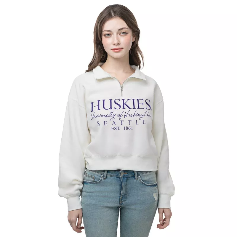 Zoozatz Women's Cream Huskies Full Text Embroidered Cropped Quarter Zip